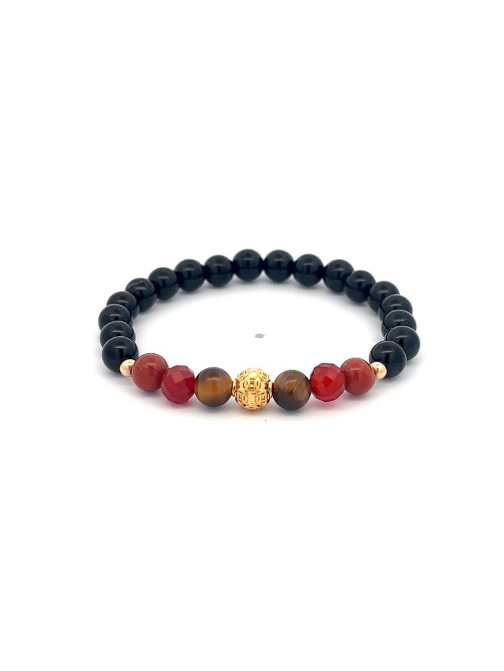 18K Solid Gold Coin Ball Stretch Bracelet Onyx Red Jasper Tigers Eye 6mm